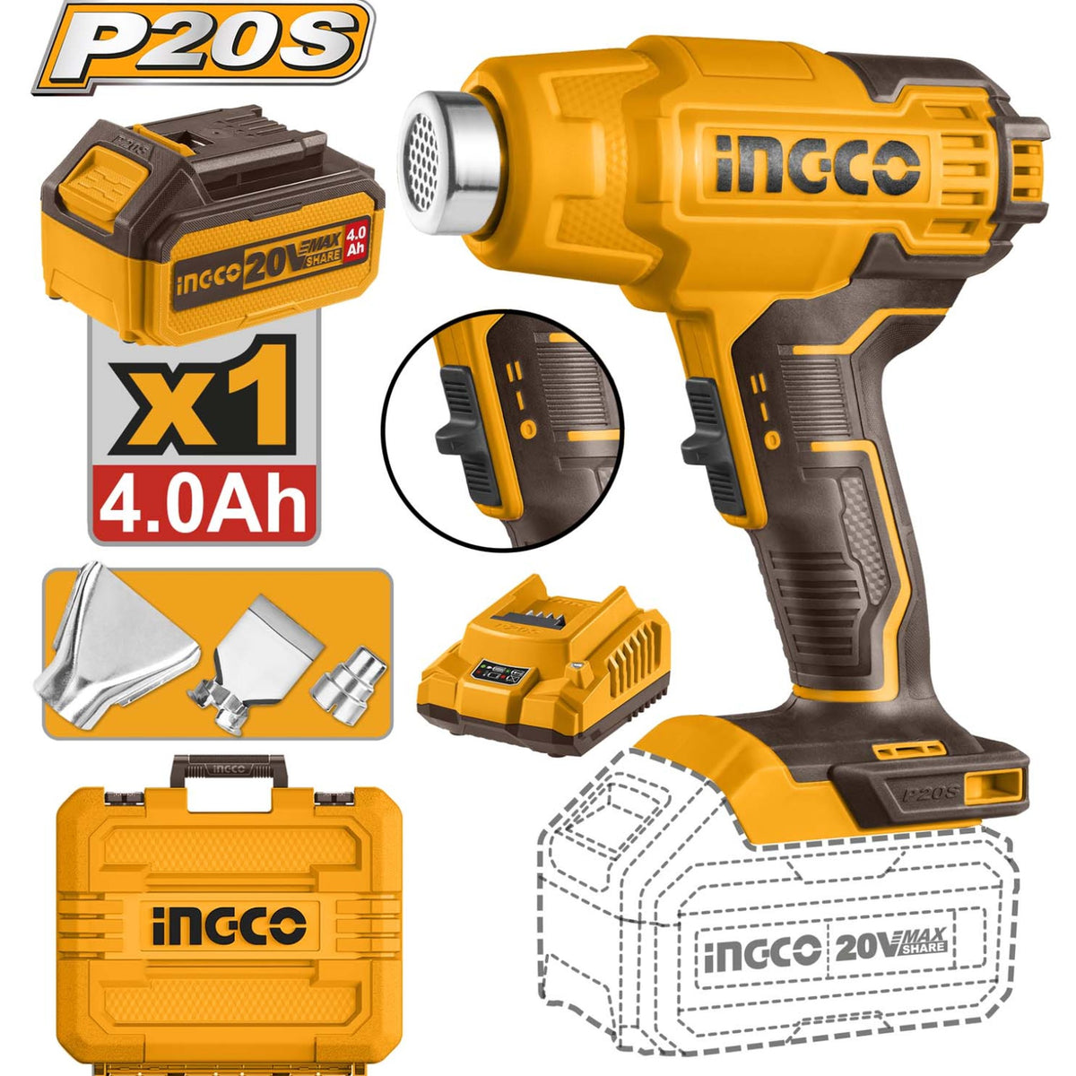 INGCO Cordless Heat Gun, 550°C, With 4.0Ah Battery & Charger, With 3 PCS Nozzles