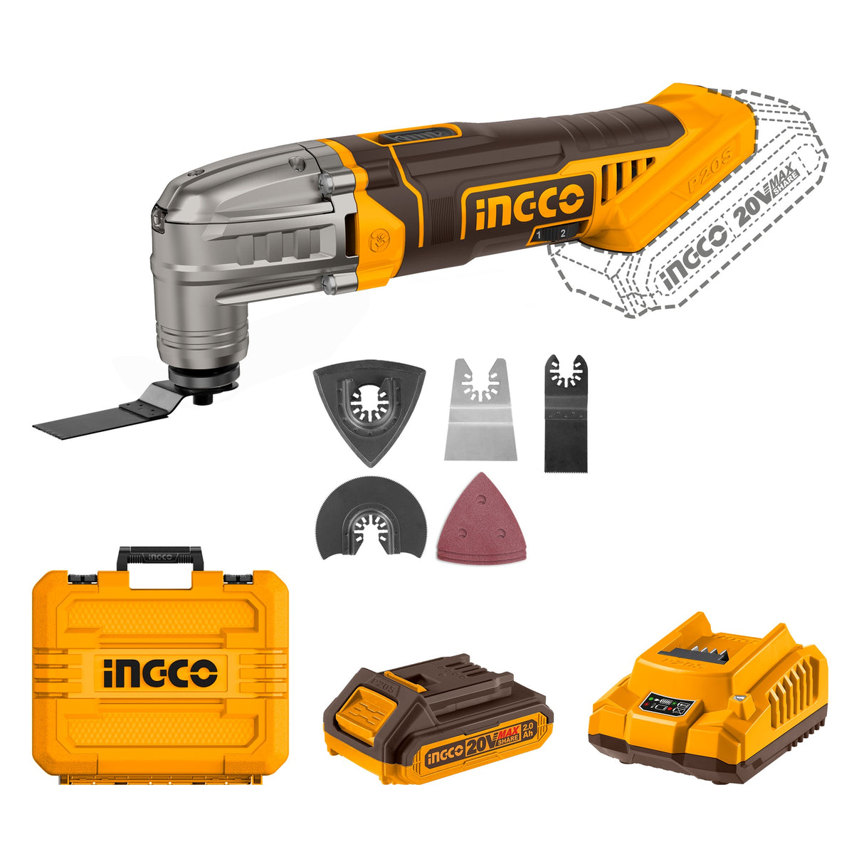 INGCO Cordless Multi Tool, 6 Speed Adjustment, With Blades & Sanding Papers, With Battery & Charger