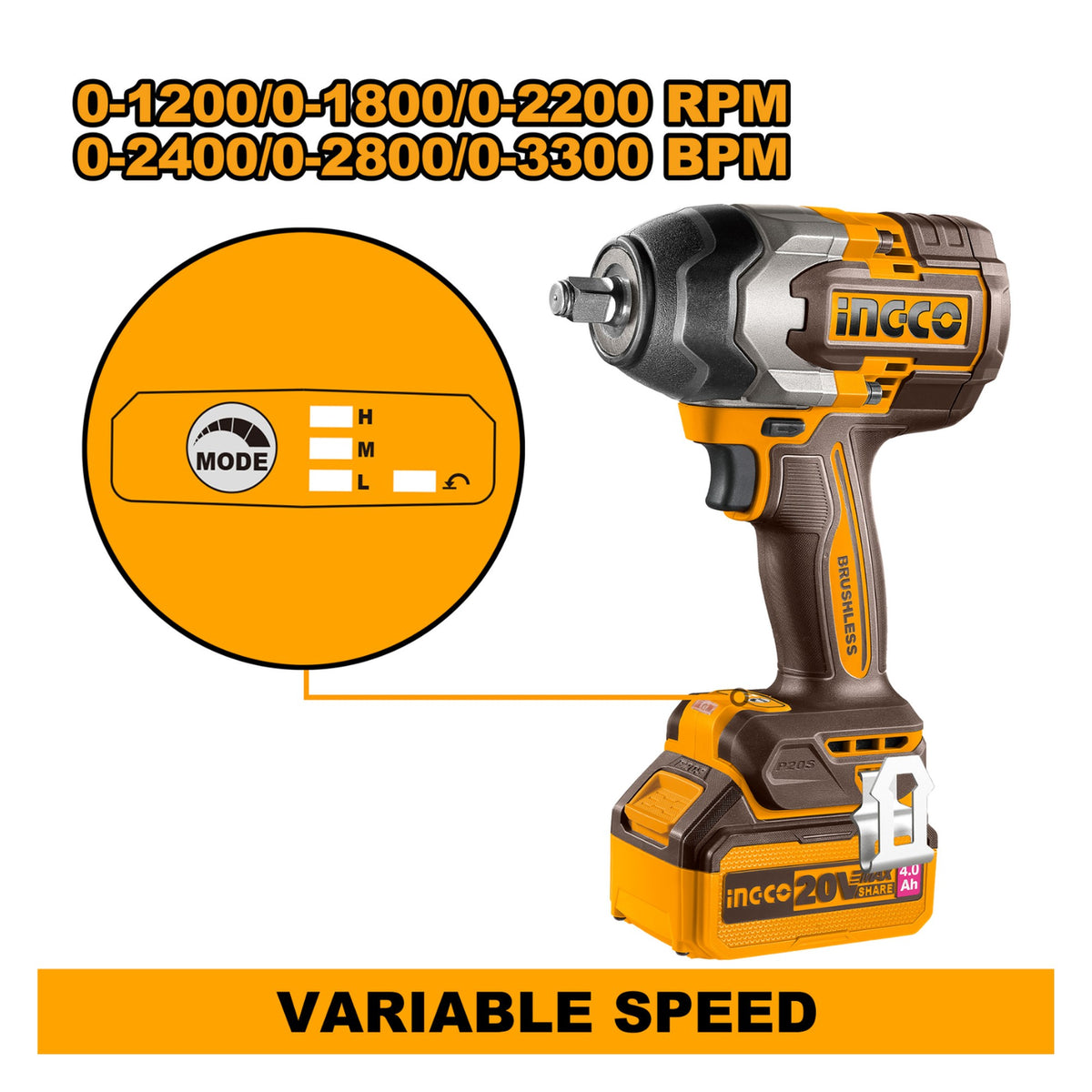 INGCO Cordless Impact Wrench, Fastening torque: 850 Nm, Nut-Busting torque:1000 Nm