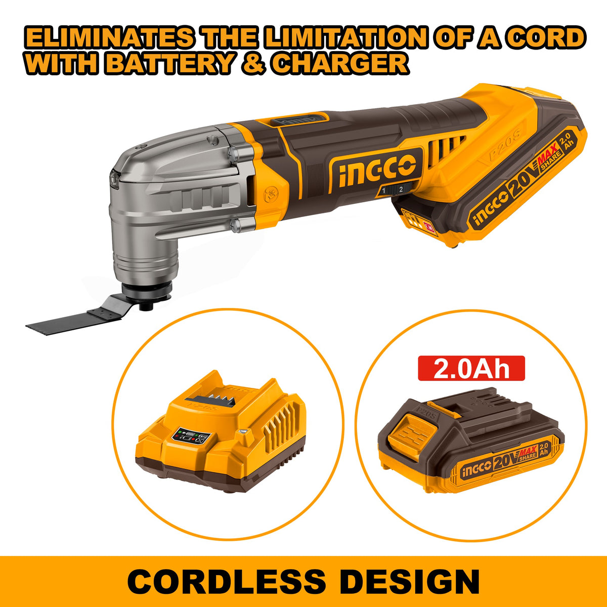 INGCO Cordless Multi Tool, 6 Speed Adjustment, With Blades & Sanding Papers, With Battery & Charger