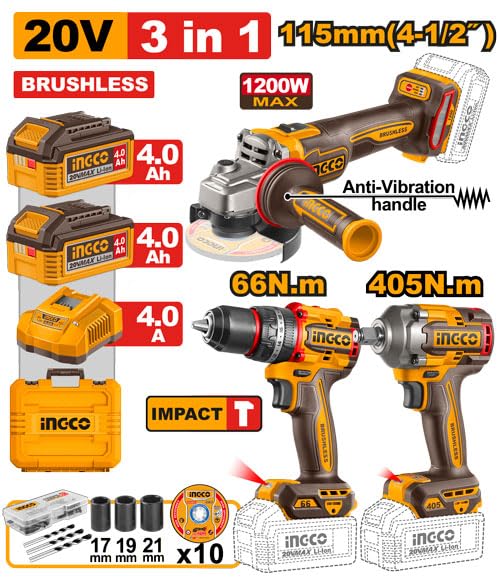 INGCO CKLI20358 20V Brushless Cordless 3pcs Combo Kit - 405Nm Impact Wrenches 66Nm Impact Drill 1200W Angle Grinder with 2×4.0Ah Batteries, Charger
