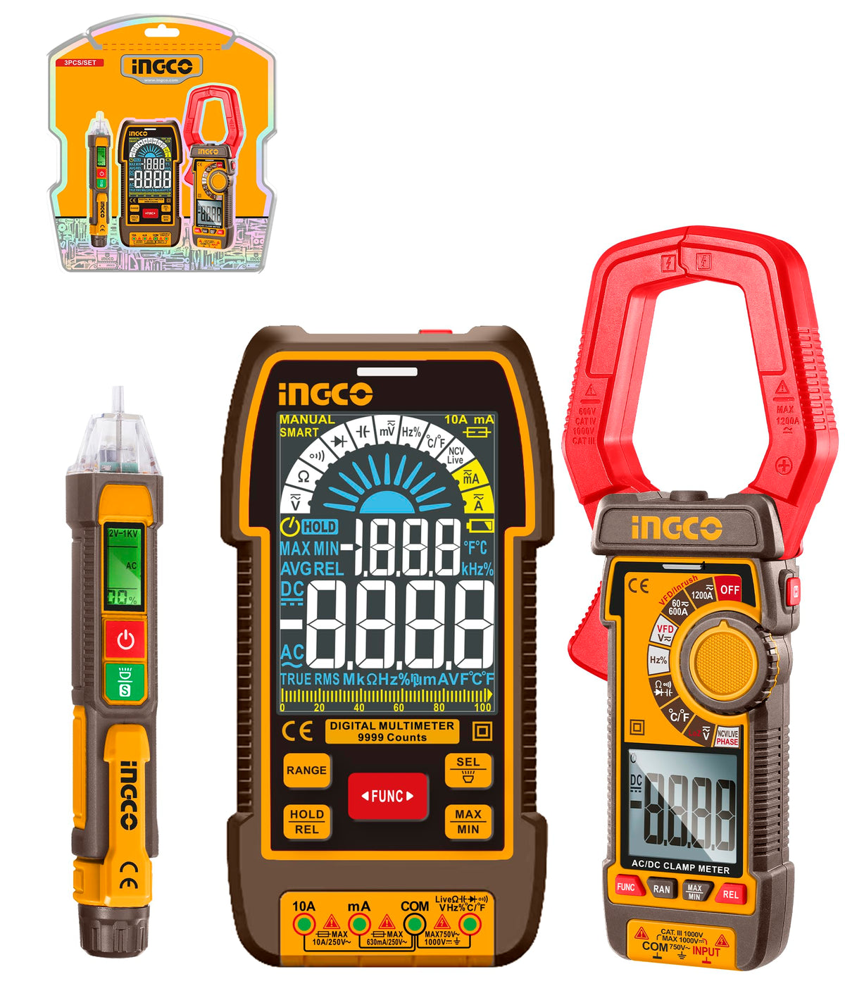 INGCO COS24069 3-Piece Electrical Test Kit – Digital Multimeter, 1200A AC/DC Clamp Meter & Voltage Detector