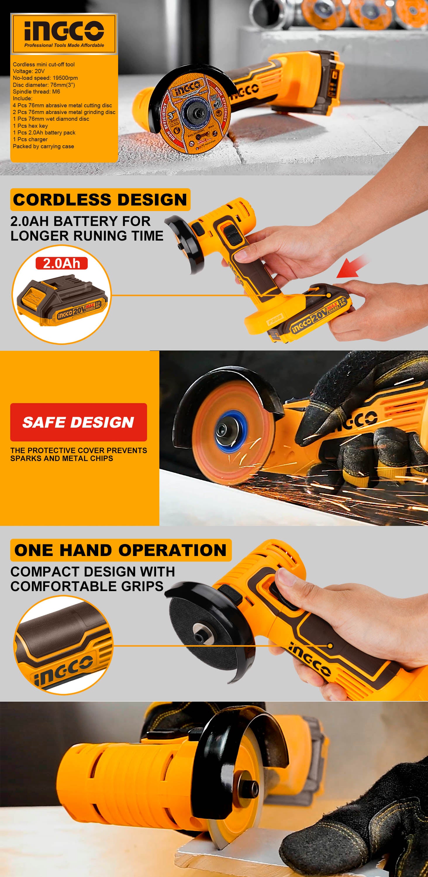 INGCO Cordless Mini Cut off Machine, M6, 3", With Cutting discs, With Battery & Charger