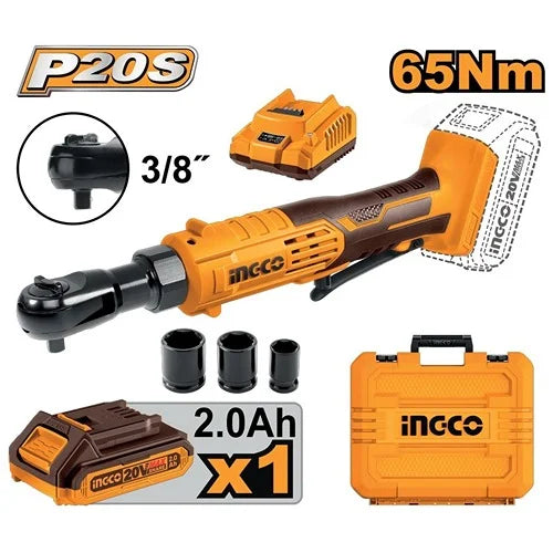 INGCO CDRLI20652 20V Brushless Cordless Drive Ratchet – 65Nm, 3/8" Square Drive, 2 Batteries, Charger & Sockets