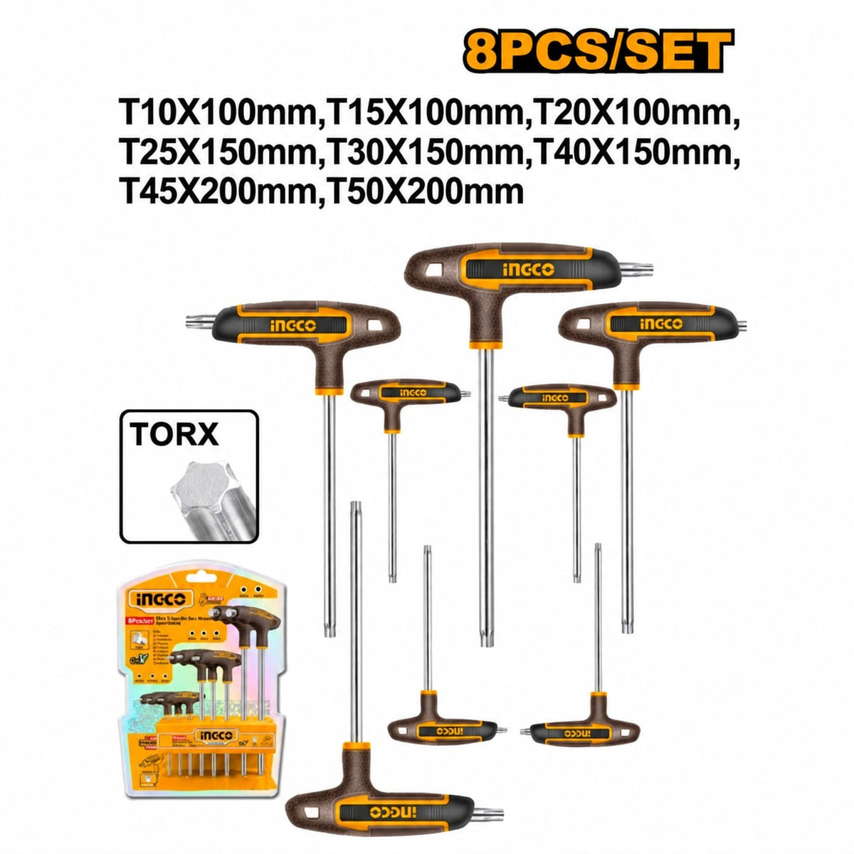 INGCO 8-Piece T-Handle Torx Set | S2 Steel | T10–T50 | Heat Treated | Chrome Plated | Professional Workshop Tool