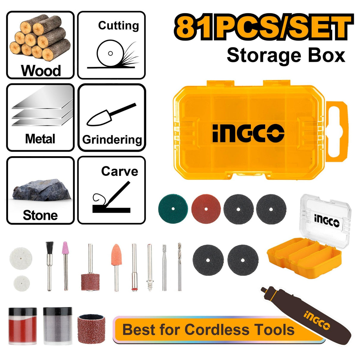 INGCO AKMG8081 81 Pcs Mini Drill Accessories Set