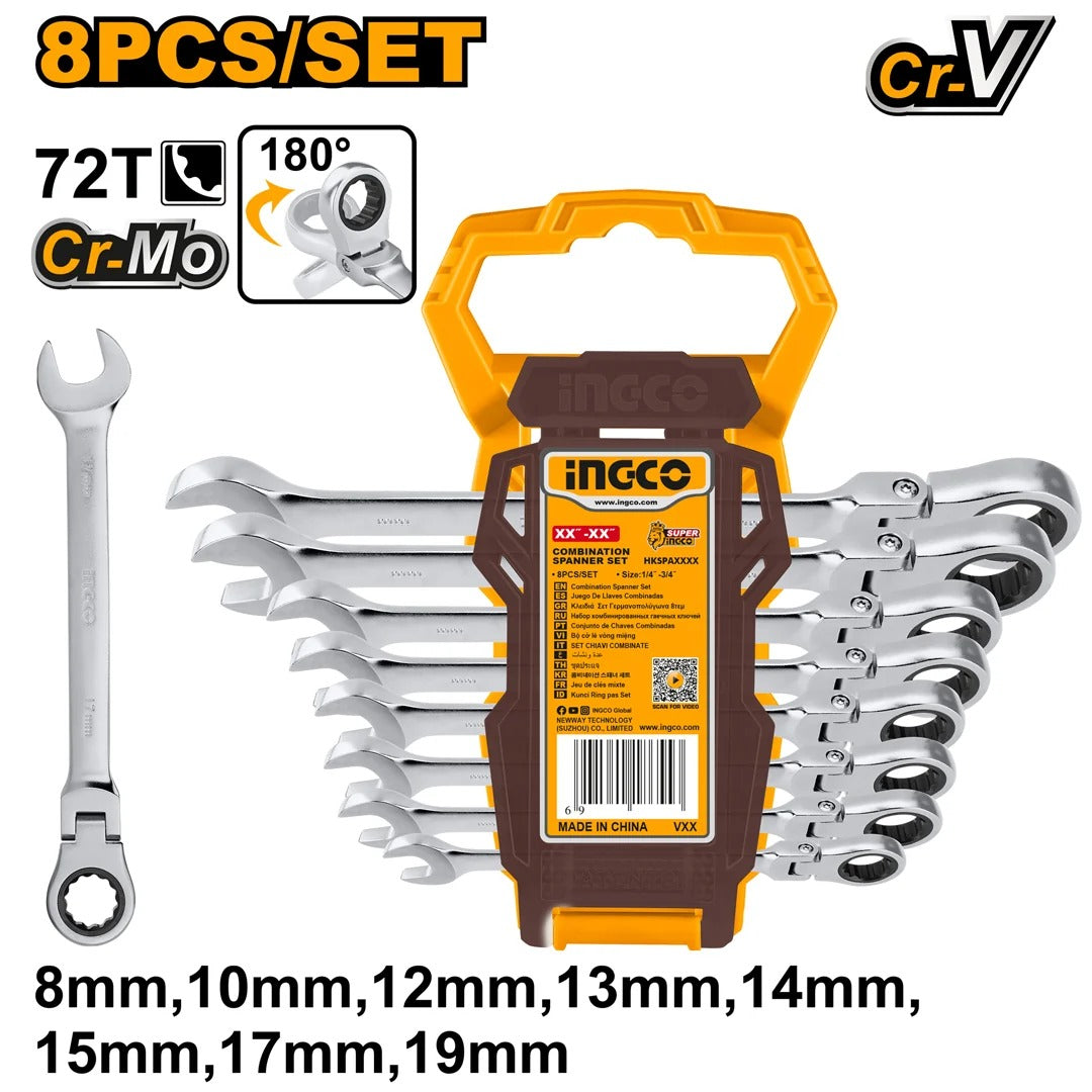 INGCO HKSPAR1083 8 Pcs Flexible Ratchet Spanner Set 8–19mm