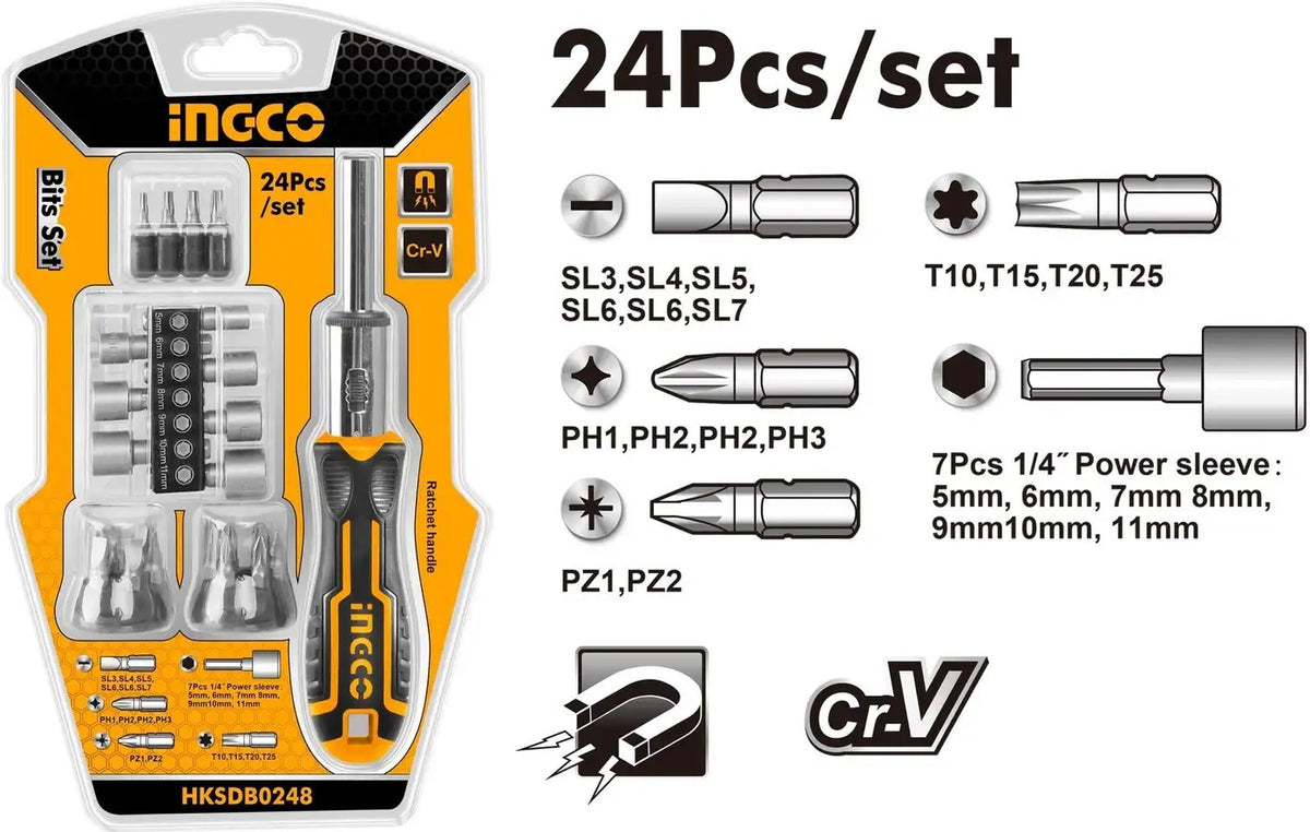 INGCO HKSDB0248 24 Pcs Ratchet Screwdriver Set