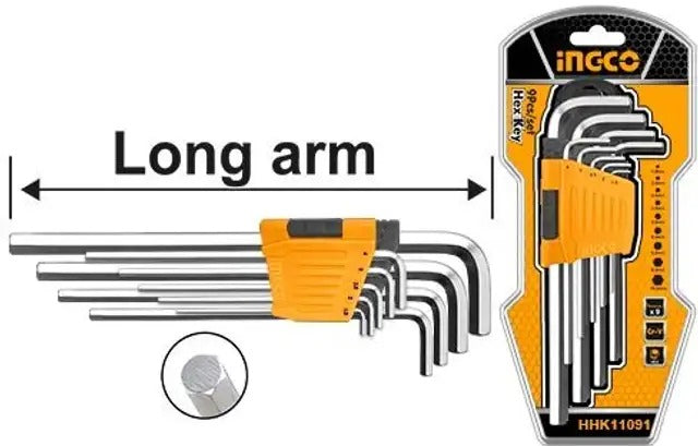 INGCO HHK11091 9-Piece Hex Key Set – CR-V Long Arm Allen Keys, 1.5–10mm