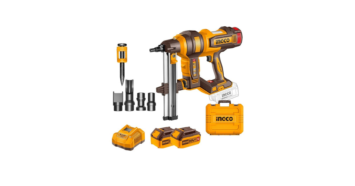 INGCO CCNLI9008 20V Brushless Cordless Concrete Nailer with 2 × 4.0Ah Batteries, Charger and 1000 Nails