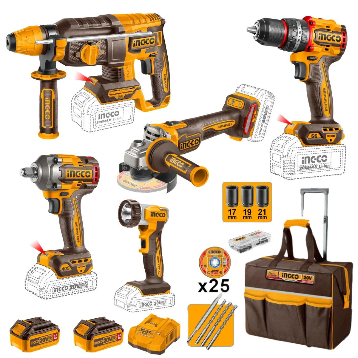 INGCO CKLI20595 20V Cordless Brushless 5-Piece Combo Tool Kit with 2 Batteries, Charger and Accessories