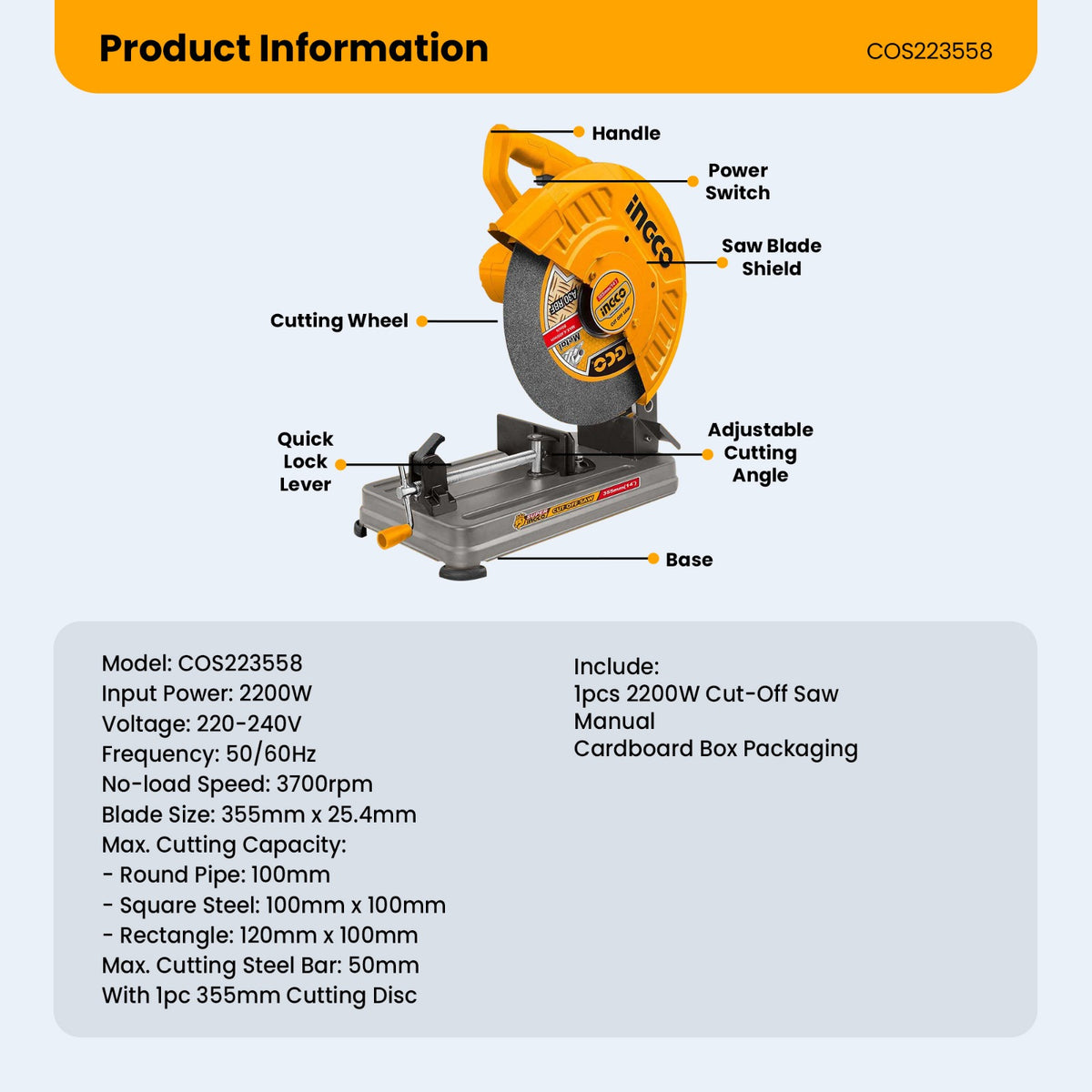 INGCO COS223558 2200W Cut-Off Saw – 355mm Metal Cutter