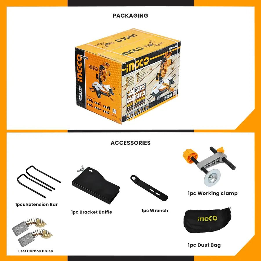 INGCO BMS18007 1800W Mitre Saw – 255mm (10 Inch) Compound Cutting Saw