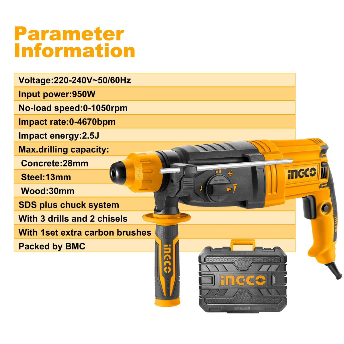 INGCO RGH9528-2 950W Rotary Hammer Drill – 28mm SDS Plus, 2.5J Impact Energy with Keyless Quick-Change Chuck