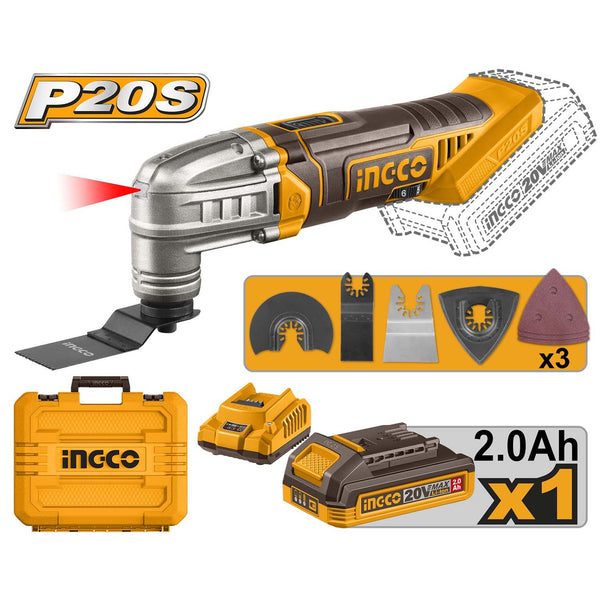 INGCO Cordless Multi Tool, 6 Speed Adjustment, With Blades & Sanding Papers, With Battery & Charger