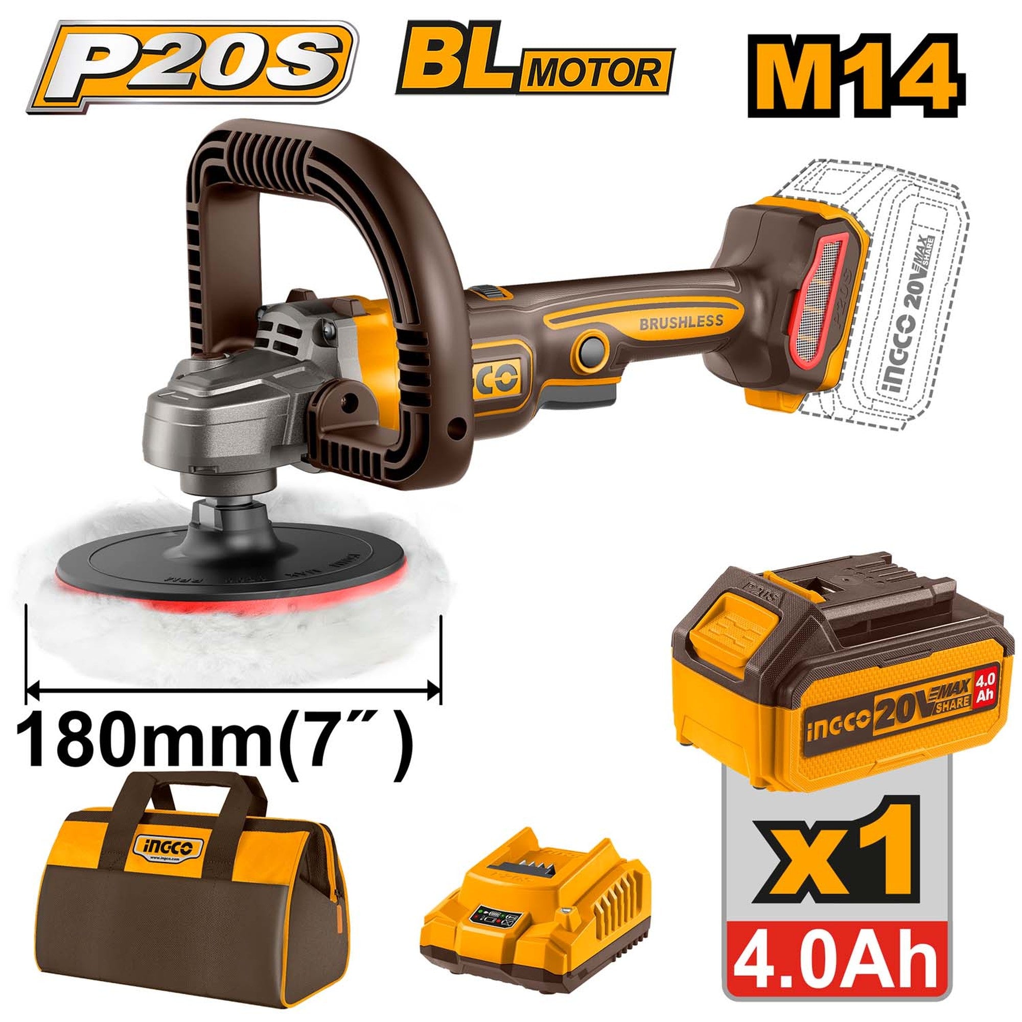 INGCO Cordless polisher, M14, Variable Speed, with Battery and Charger