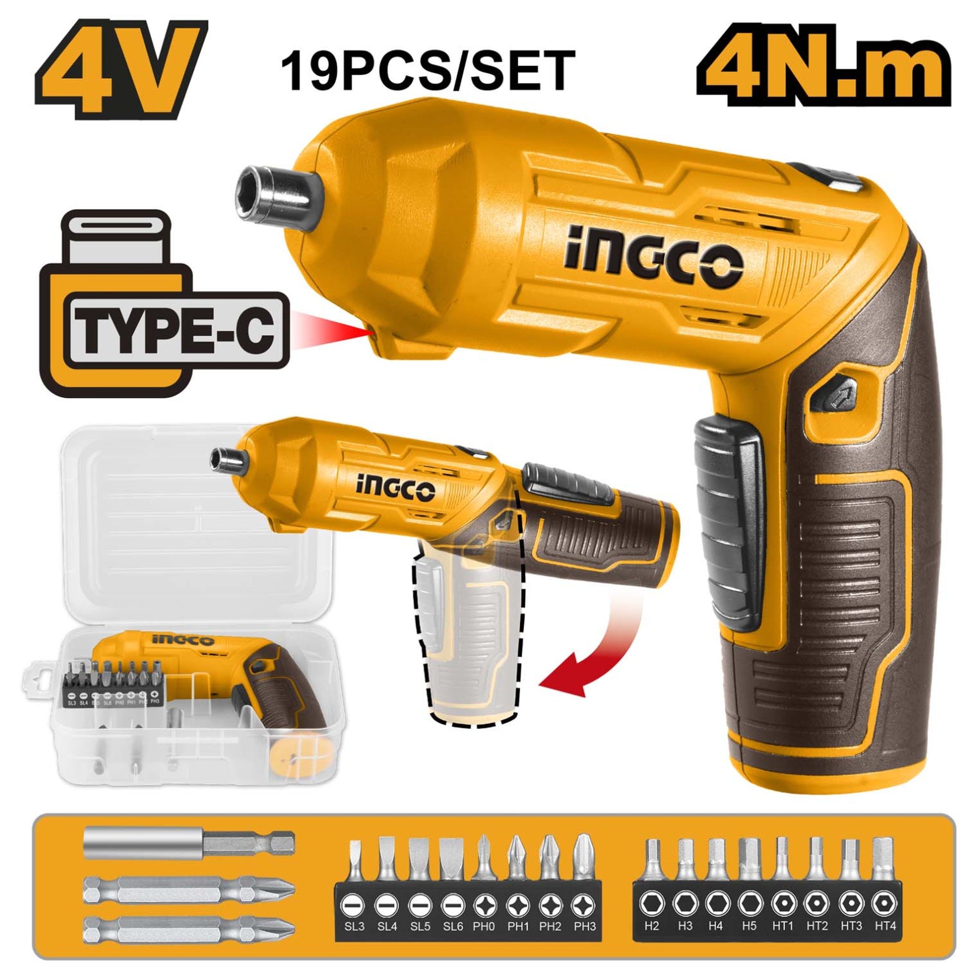 INGCO Cordless Screwdriver, 4 N.m, 240 RPM, With 18 PCS Cr-V Bits+Holder