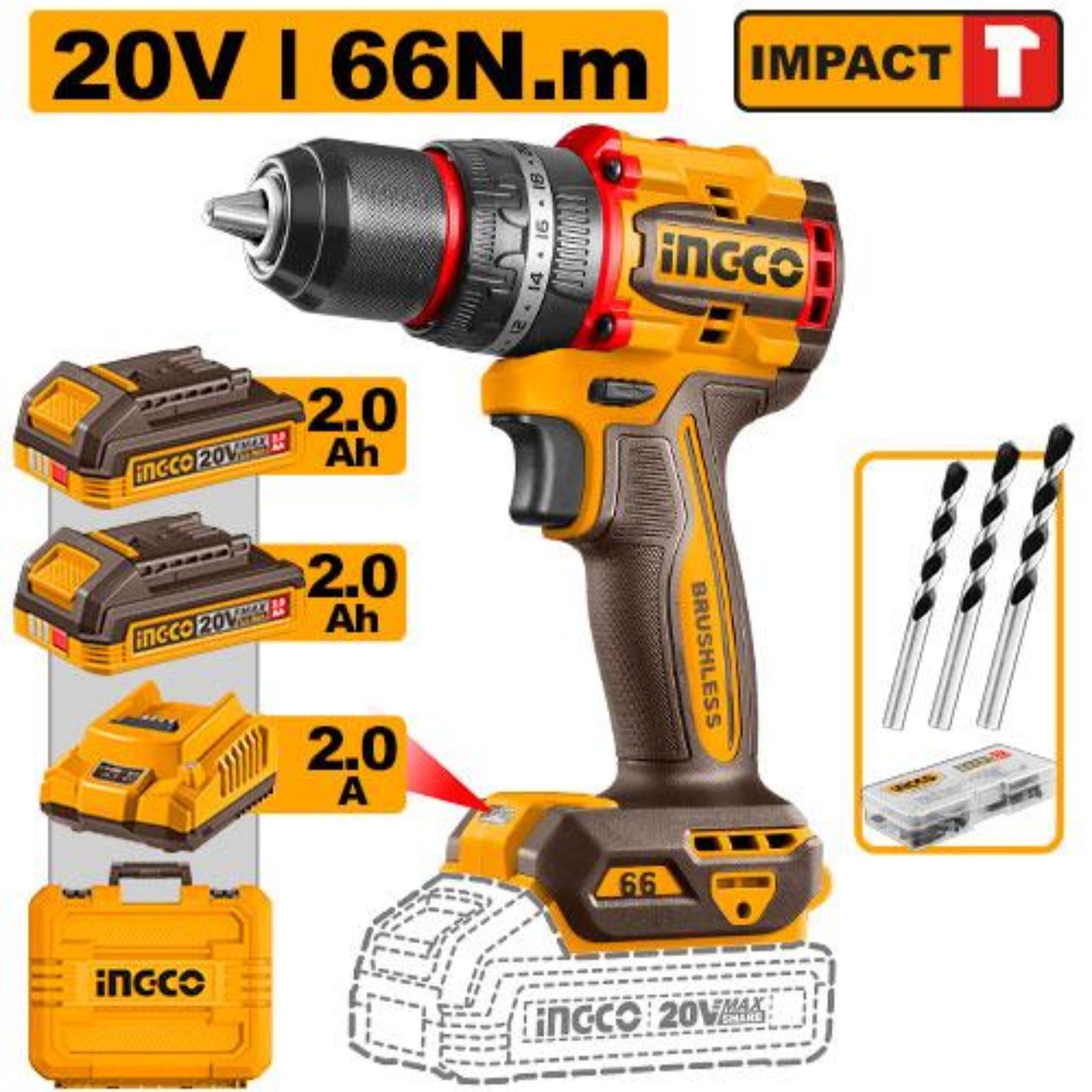 INGCO Cordless Impact Drill, Brushless Motor, 66 Nm, 22+1+1, with Drill Bits, with 2 pcs Batteries and Charger