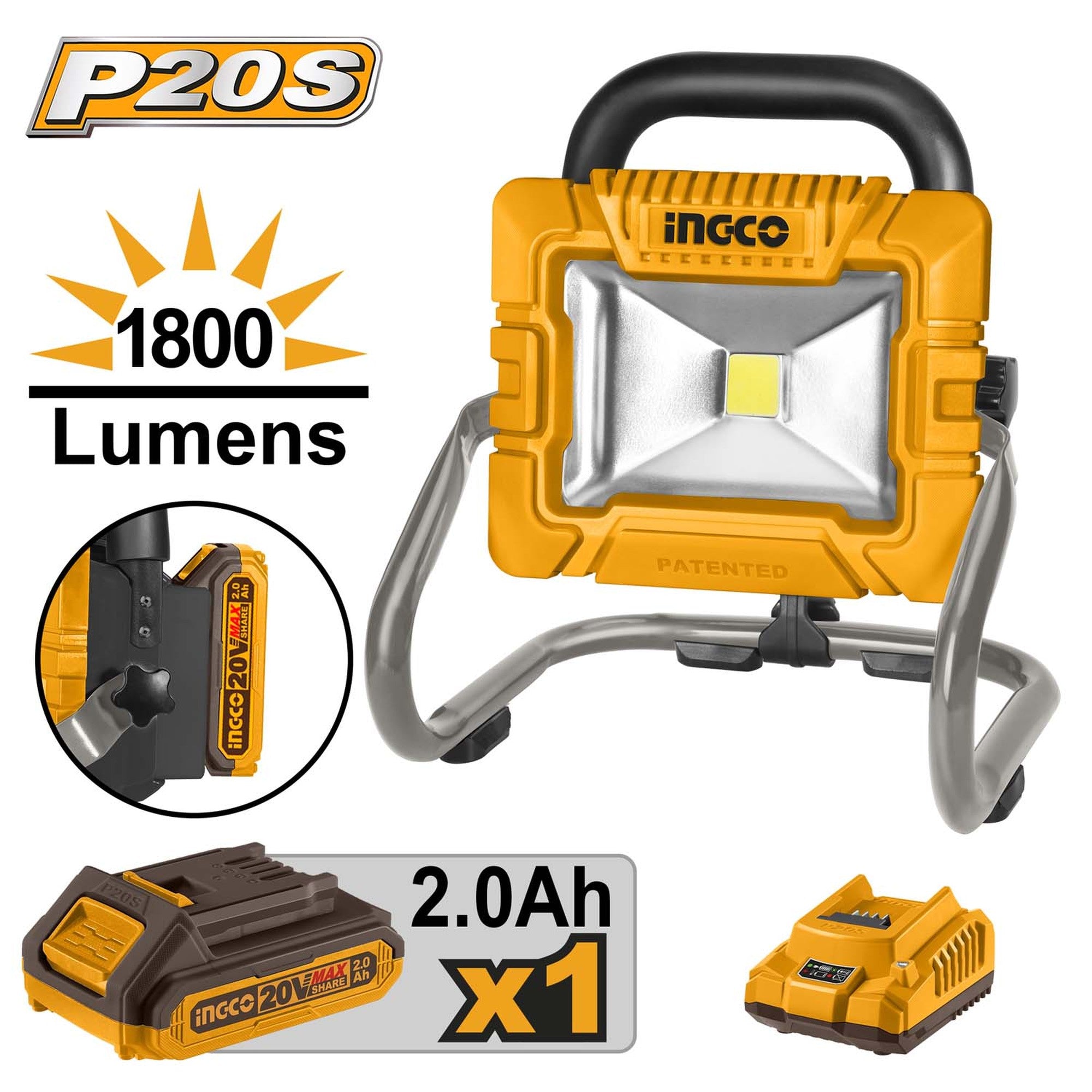 INGCO Cordless Portable Lamp, with Battery & Charger, Lumens High:1800 Low:900
