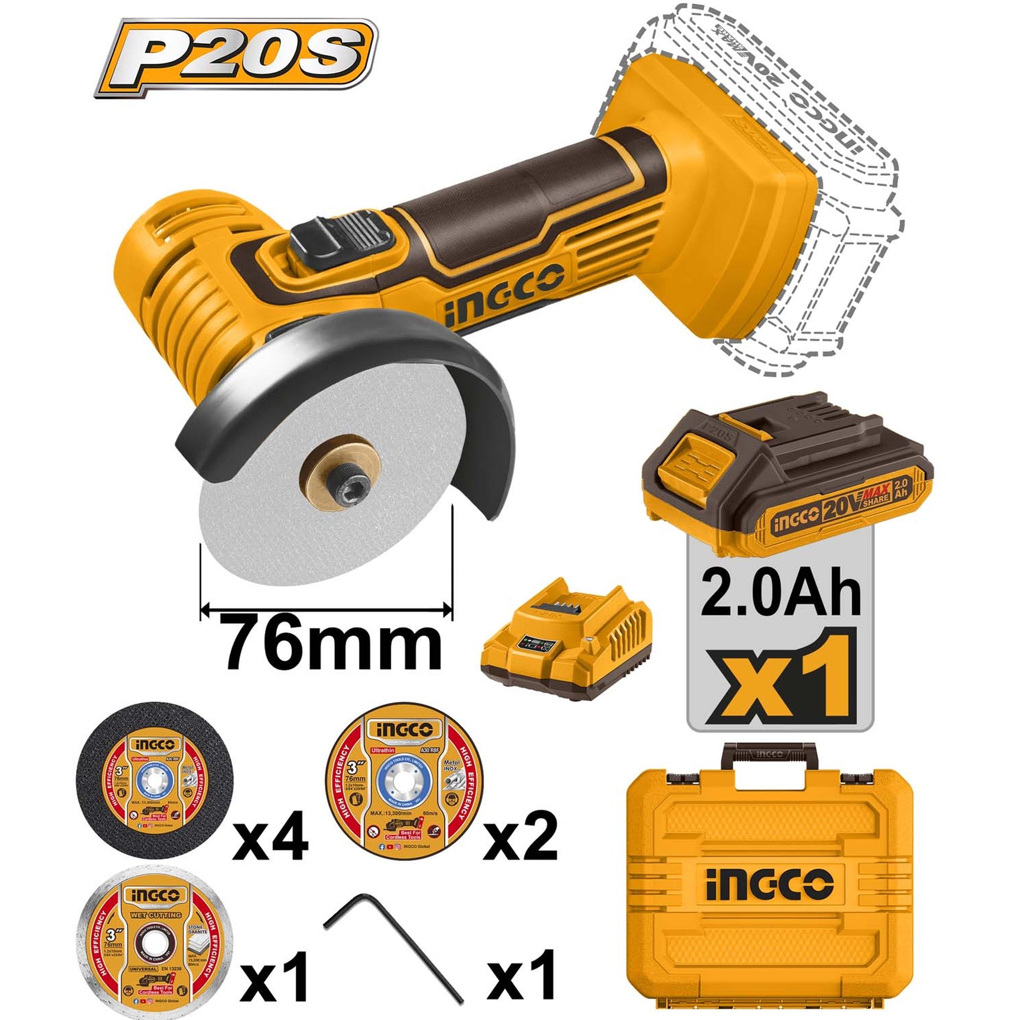 INGCO Cordless Mini Cut off Machine, M6, 3", With Cutting discs, With Battery & Charger