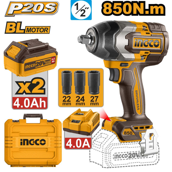 INGCO Cordless Impact Wrench, Fastening torque: 850 Nm, Nut-Busting torque:1000 Nm