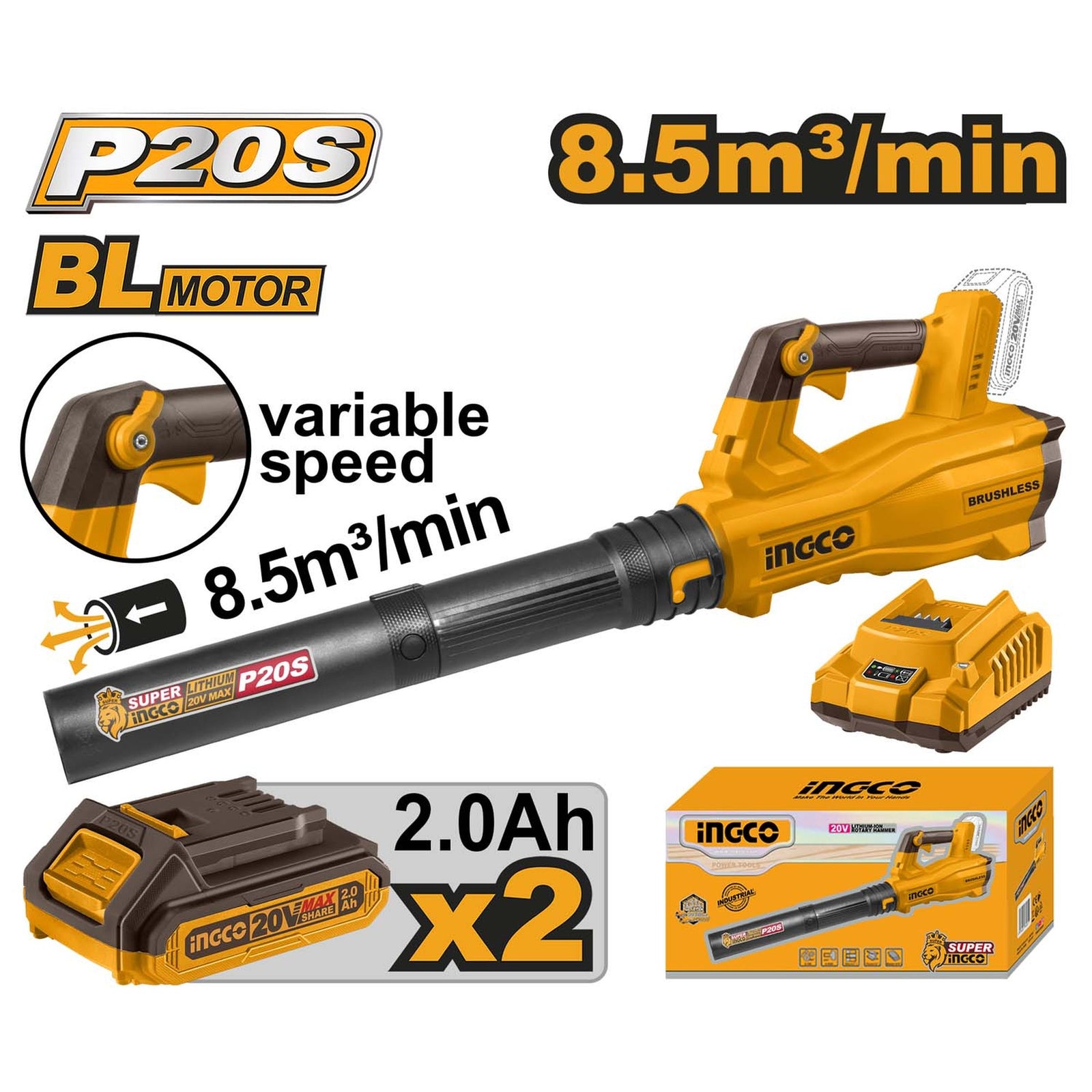 INGCO Cordless Blower, Variable Speed, With 2 pcs Batteries