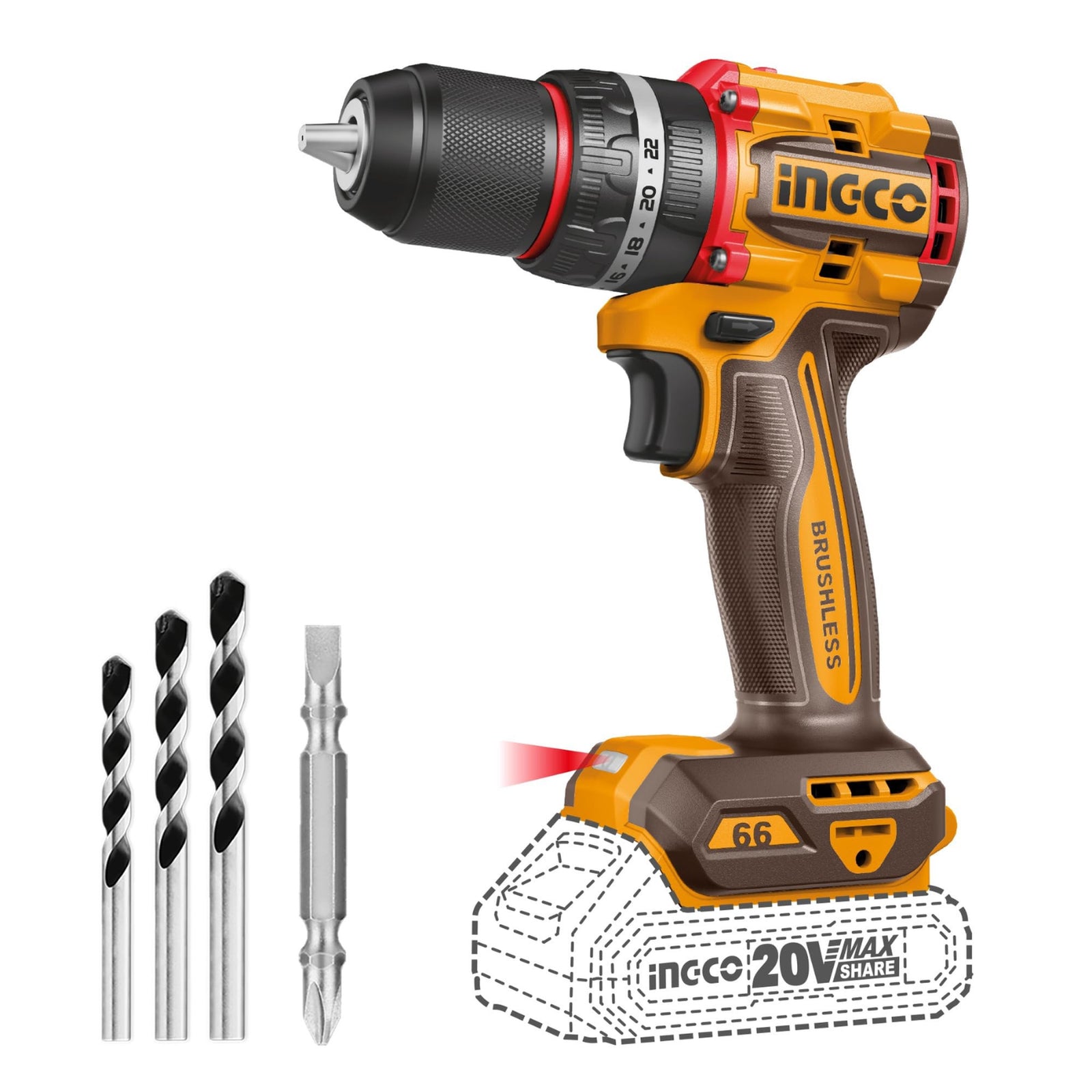 INGCO Cordless Impact Drill, Brushless Motor, 66 Nm, 22+1+1, with Drill Bits, with 2 pcs Batteries and Charger