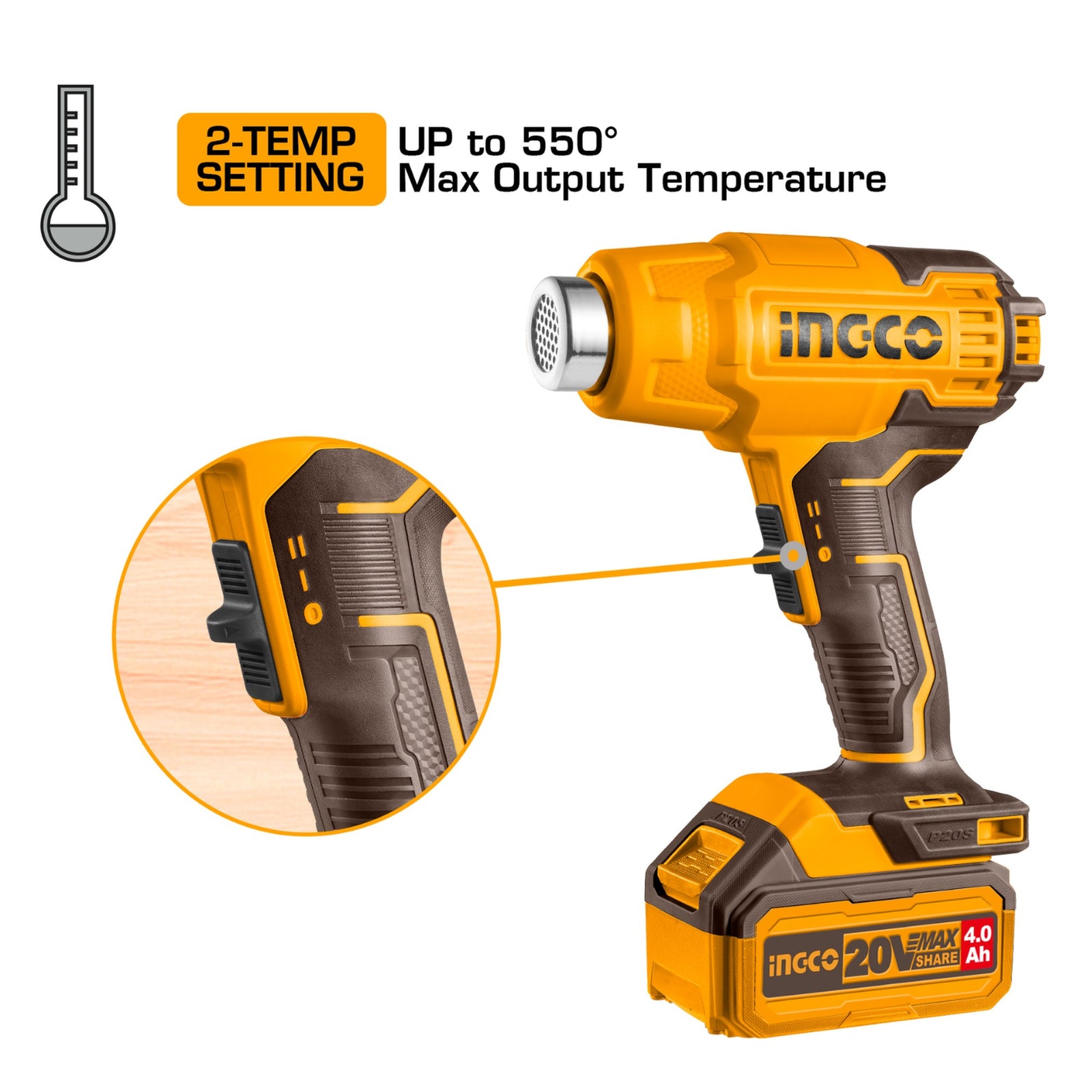 INGCO Cordless Heat Gun, 550°C, With 4.0Ah Battery & Charger, With 3 PCS Nozzles