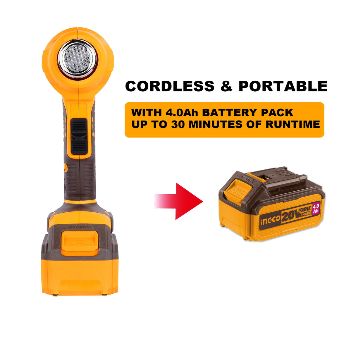 INGCO Cordless Heat Gun, 550°C, With 4.0Ah Battery & Charger, With 3 PCS Nozzles