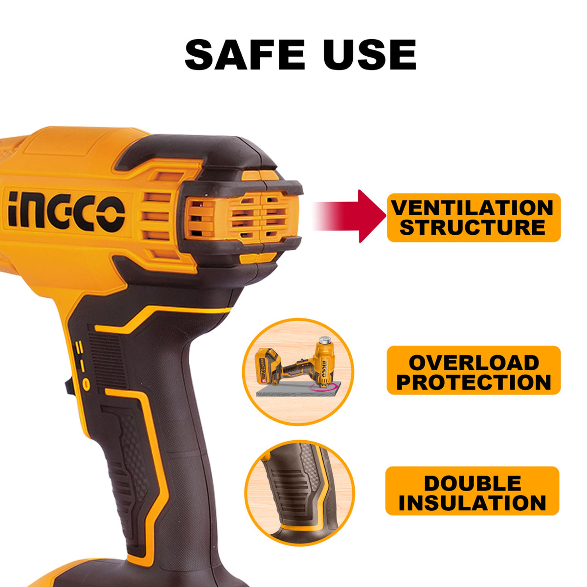 INGCO Cordless Heat Gun, 550°C, With 4.0Ah Battery & Charger, With 3 PCS Nozzles