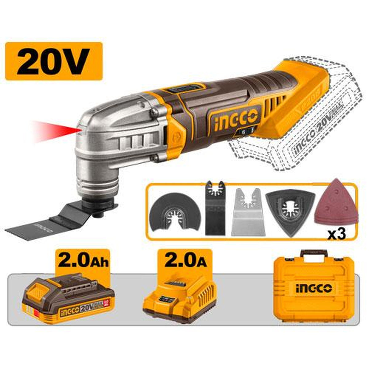 INGCO Cordless Multi Tool, 6 Speed Adjustment, With Blades & Sanding Papers, With Battery & Charger