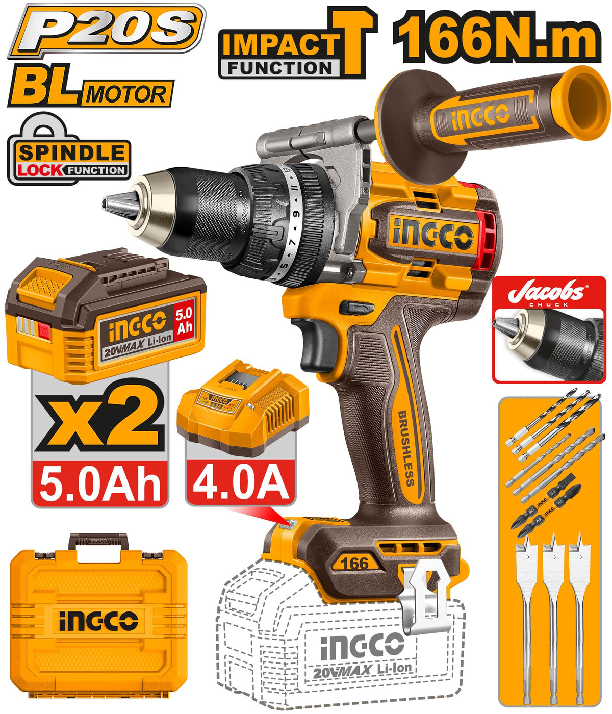 INGCO 20V Brushless Cordless Impact Drill – 166Nm
