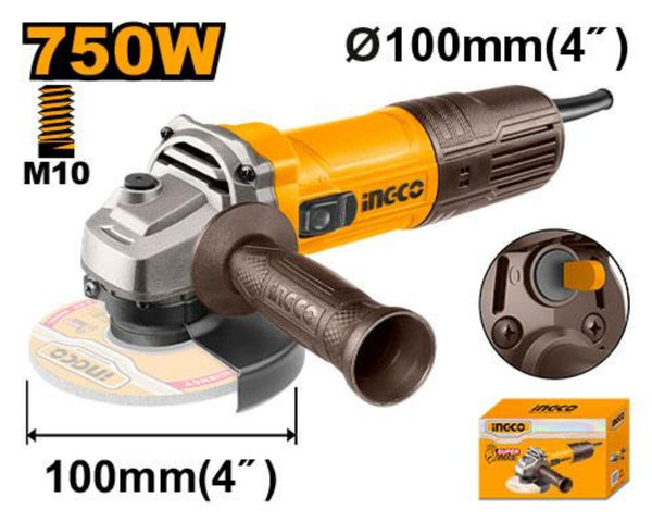 INGCO AG750282 750W 4-Inch Angle Grinder | 12,000 RPM | 100mm Disc | M10 Spindle