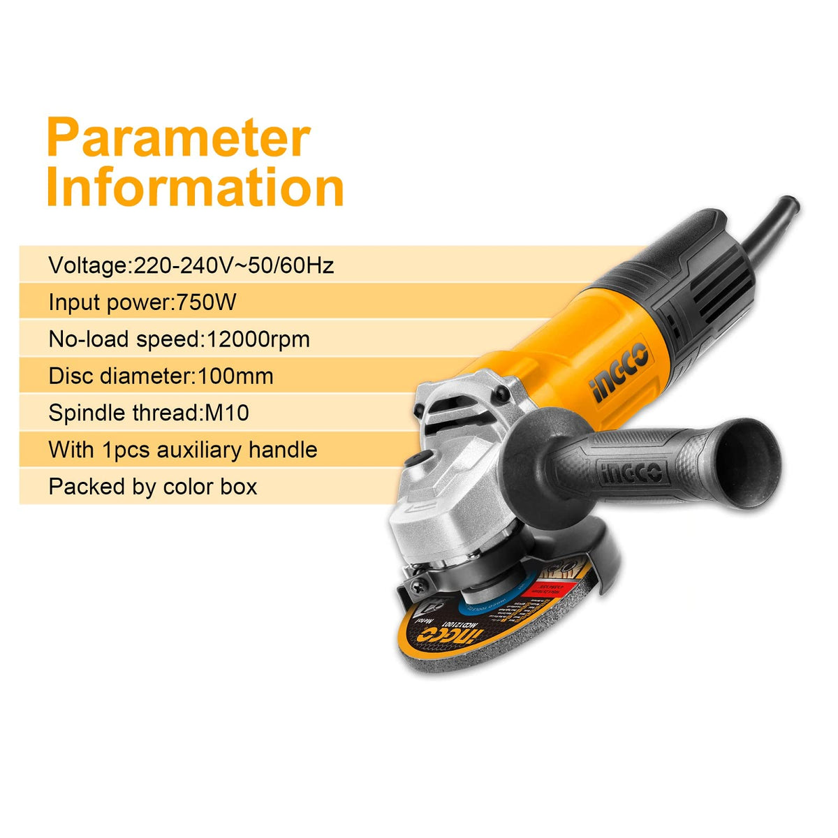 INGCO AG750282 750W 4-Inch Angle Grinder | 12,000 RPM | 100mm Disc | M10 Spindle