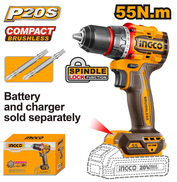INGCO 55nm Compact Brushless Cordless Drill without Battery and Charger CDLI205581 Cordless Drill (13 mm Chuck Size)