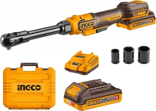 INGCO CDRLI2065292 20V Brushless Cordless Drive Ratchet – 65Nm, 3/8", 2 × 2.0Ah Batteries