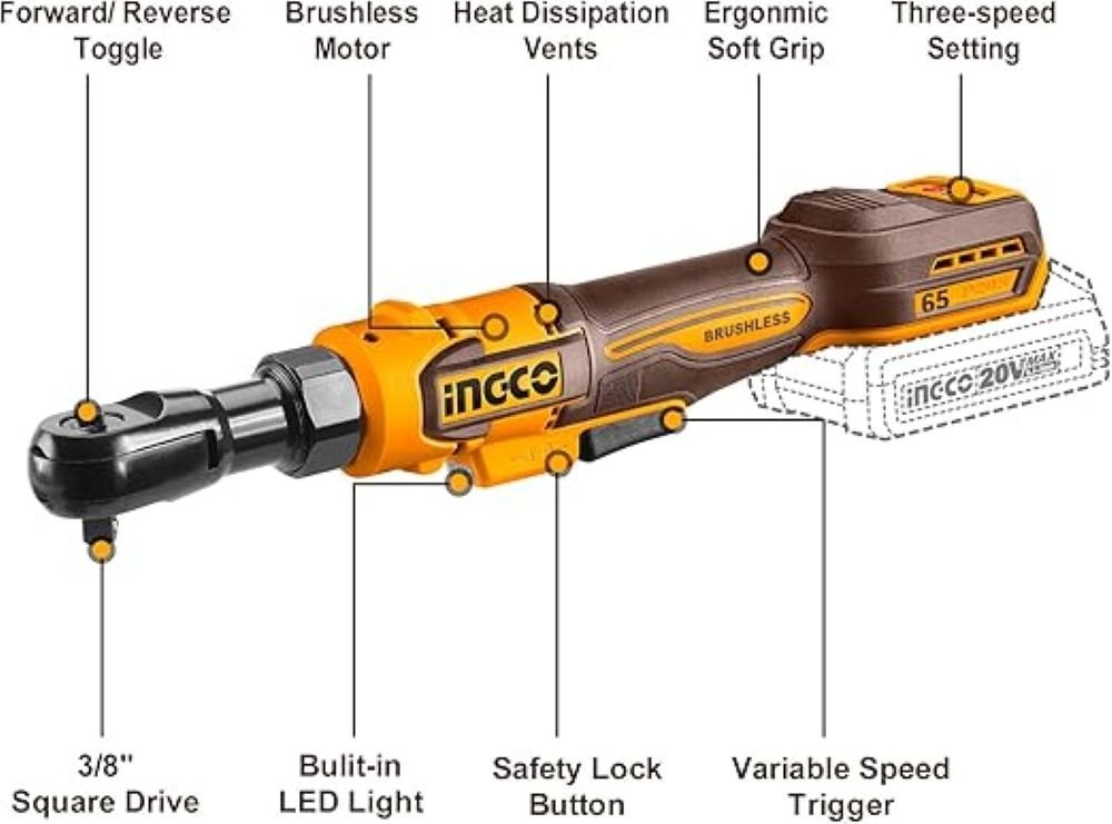 INGCO CDRLI20652 20V Brushless Cordless Drive Ratchet – 65Nm, 3/8" Square Drive, 2 Batteries, Charger & Sockets