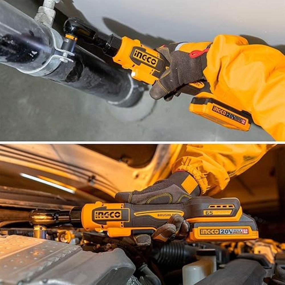 INGCO CDRLI20652 20V Brushless Cordless Drive Ratchet – 65Nm, 3/8" Square Drive, 2 Batteries, Charger & Sockets