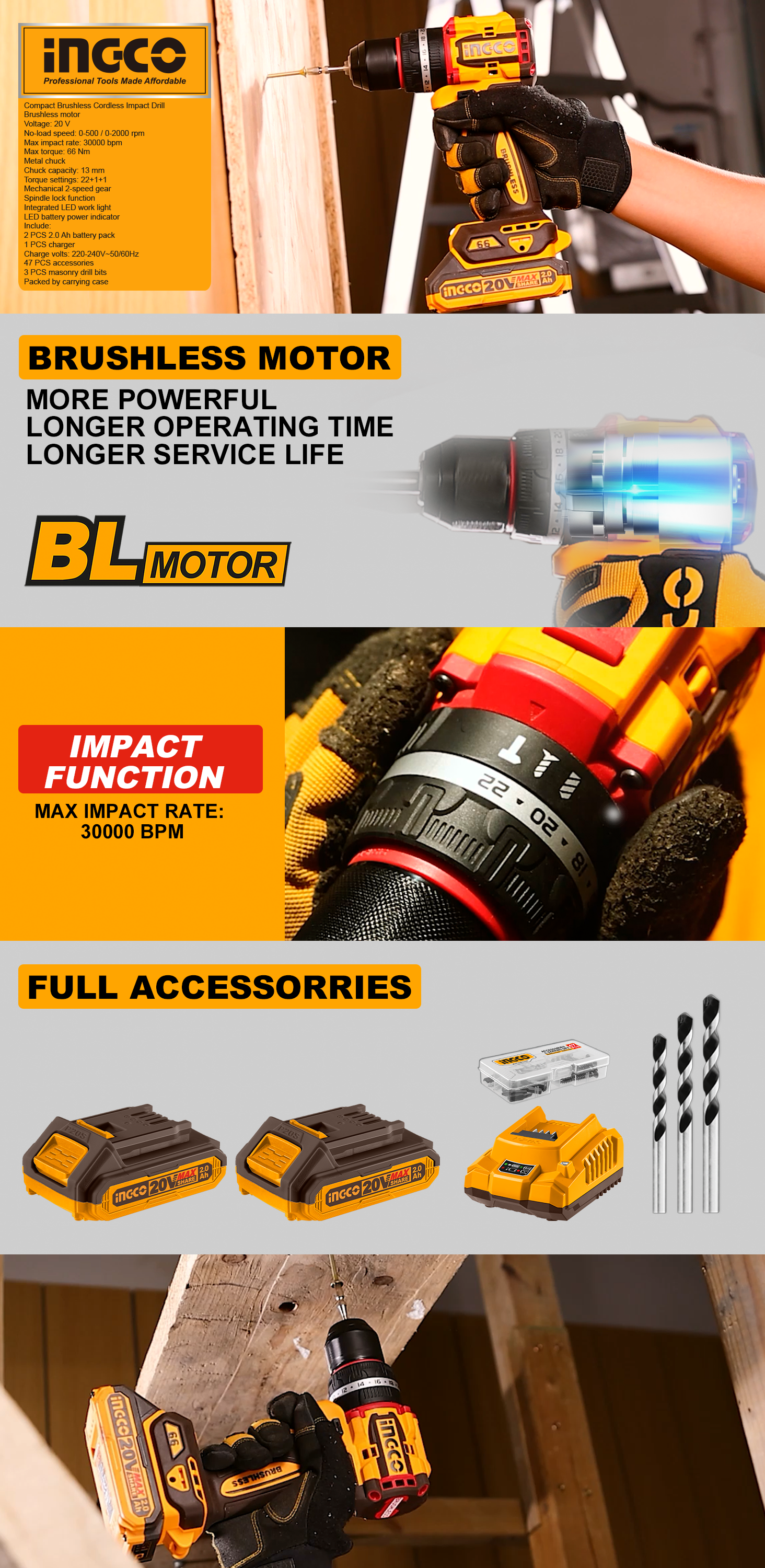 INGCO Cordless Impact Drill, Brushless Motor, 66 Nm, 22+1+1, with Drill Bits, with 2 pcs Batteries and Charger