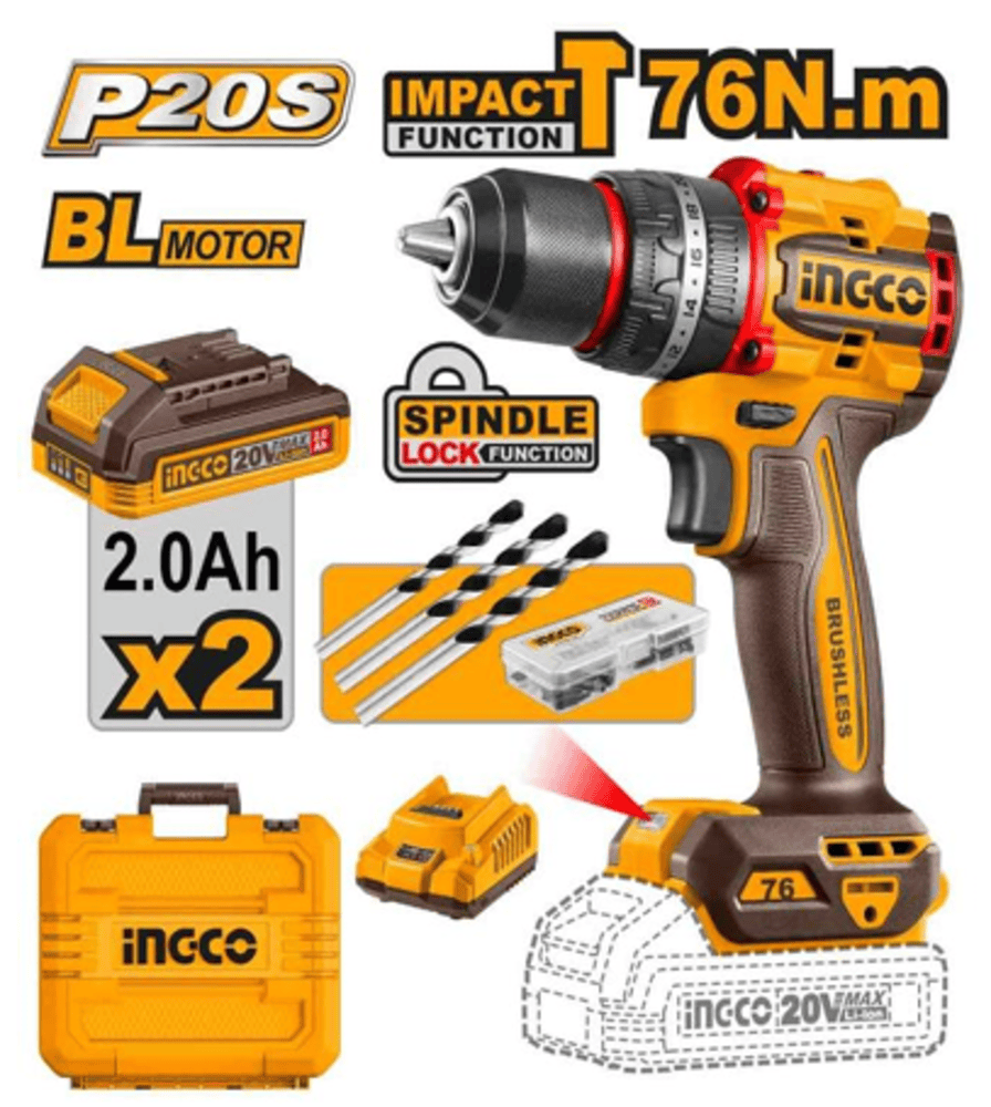 INGCO CIDLI207686 20V Brushless Cordless Impact Drill 76Nm