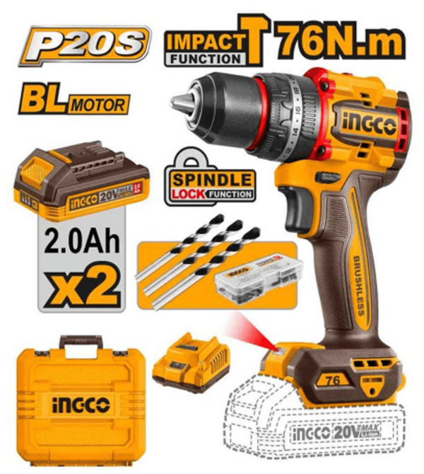 INGCO CIDLI207686 20V Brushless Cordless Impact Drill 76Nm