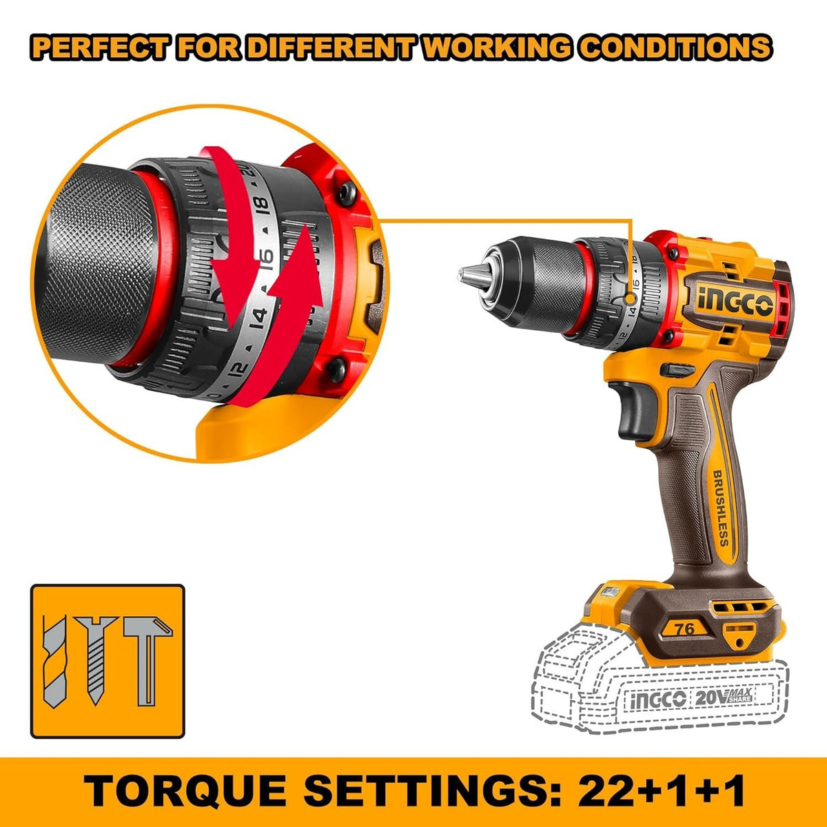 INGCO CIDLI207686 20V Brushless Cordless Impact Drill 76Nm