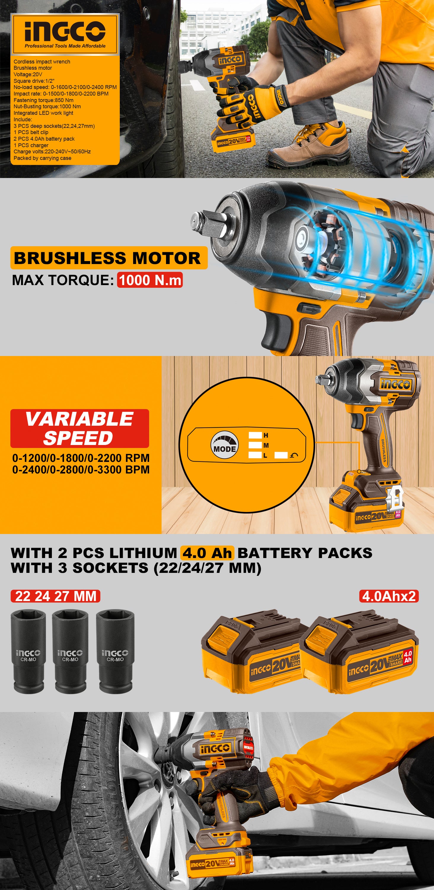 INGCO Cordless Impact Wrench, Fastening torque: 850 Nm, Nut-Busting torque:1000 Nm