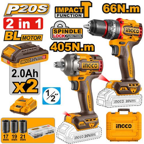 INGCO CKLI20286 20V Brushless Cordless Combo Kit – 66Nm Impact Drill + 405Nm Impact Wrench, 2 Batteries, Charger & Accessories