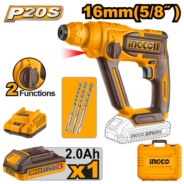 INGCO Cordless Hammer Drill, 16 MM in Concrete, SDS Plus Chuck, With Battery & Charger