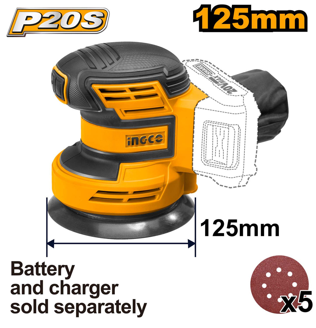 INGCO Cordless Sander, 125 MM, 10000 RPM, With Battery & Charger