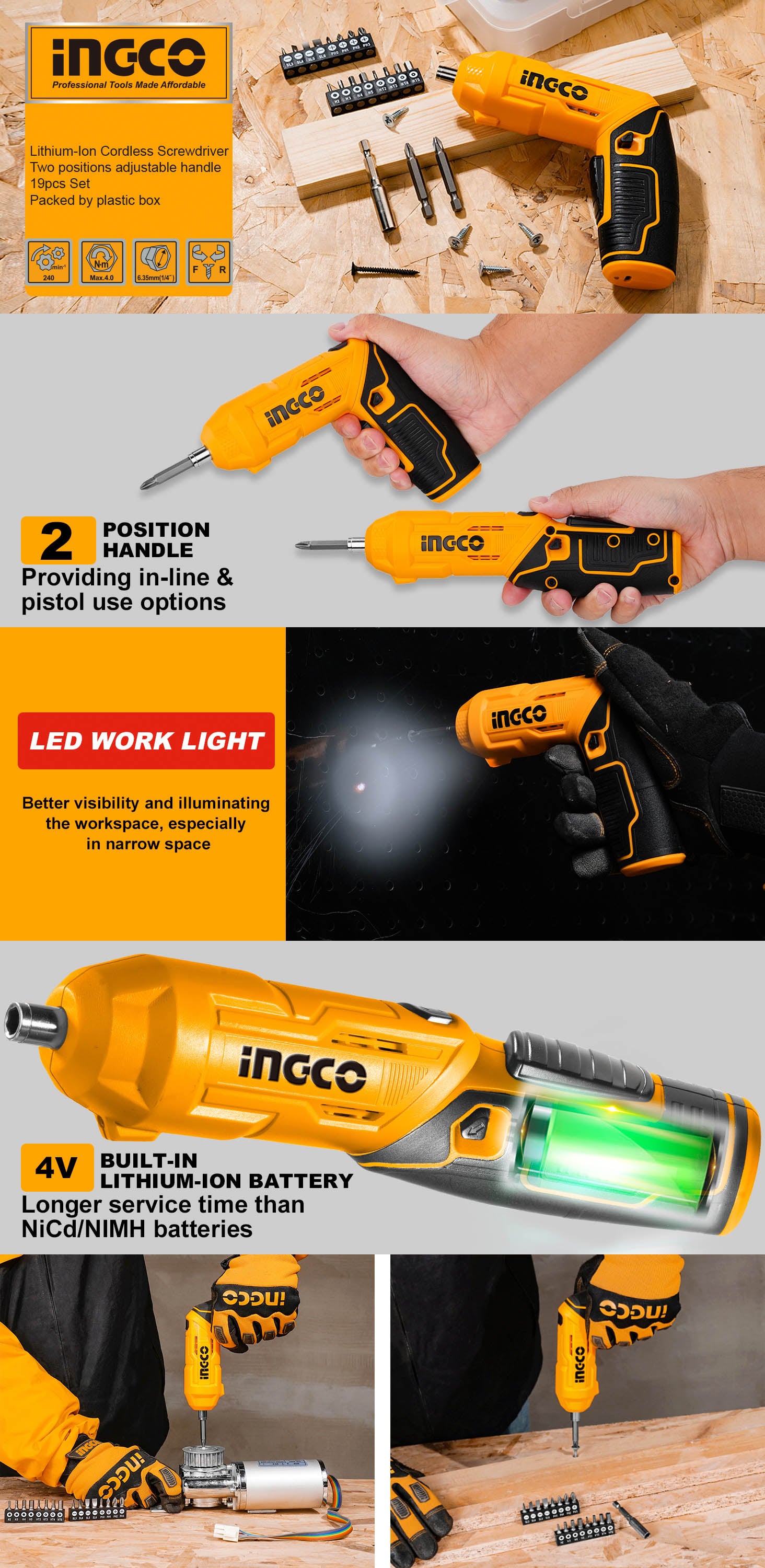 INGCO Cordless Screwdriver, 4 N.m, 240 RPM, With 18 PCS Cr-V Bits+Holder