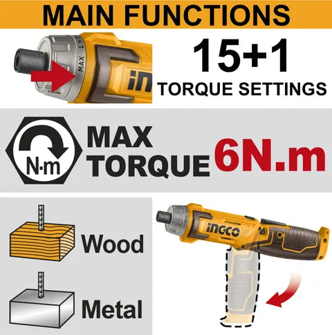 INGCO CSDLI08025 8V Cordless Screwdriver Set – 6Nm Torque, 220RPM, USB Type-C