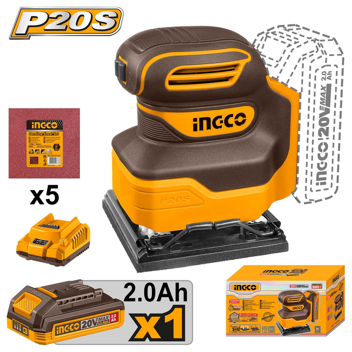 INGCO Cordless Sheet Sander,12000 RPM, With Battery and Charger, With 5 PCS sand paper