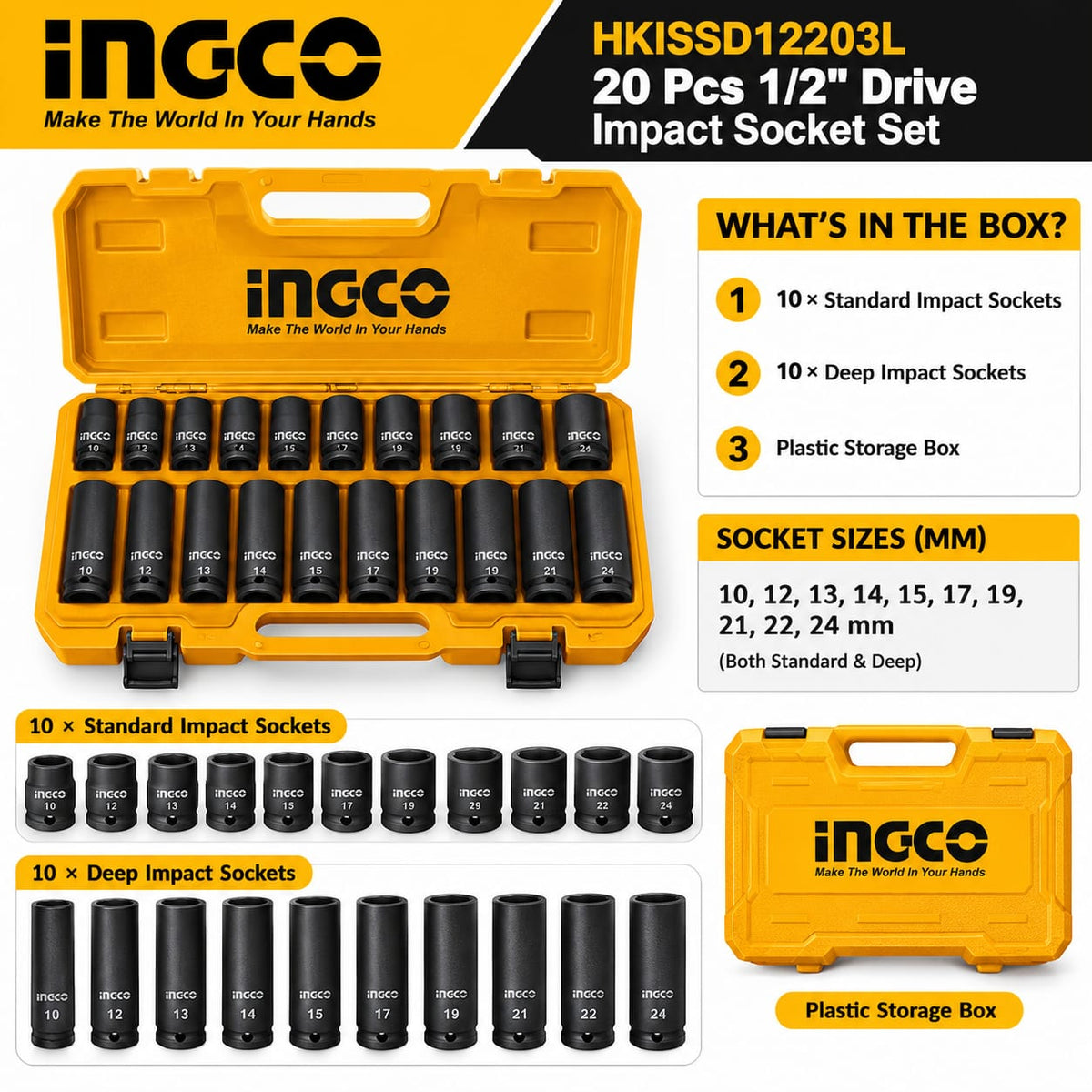 INGCO HKISSD12203L 20PCS 1/2"DR CR-MO STD & DEEP IMPACT SOCKET SET 10-24MM